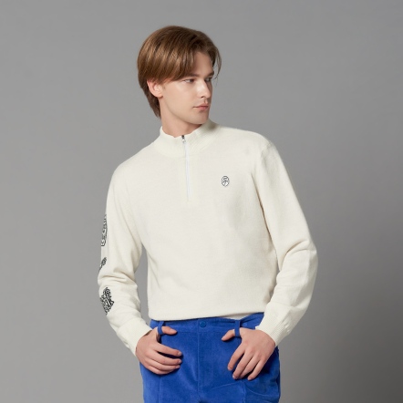 男款 半高領拉鍊羊毛長袖針織衫 CB24W1M54005